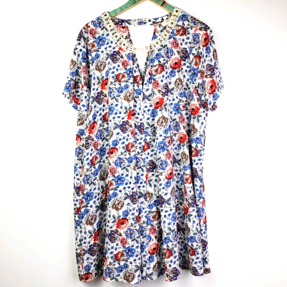 Umgee+ USA Floral Tunic Lace Collar Shift Dress XL